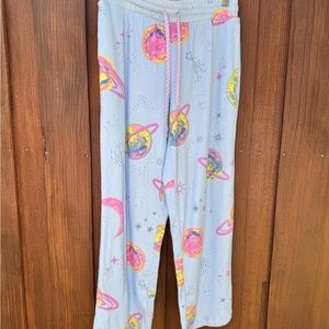 Light Blue Planet-Print Lounge Pants with Pink Drawstring